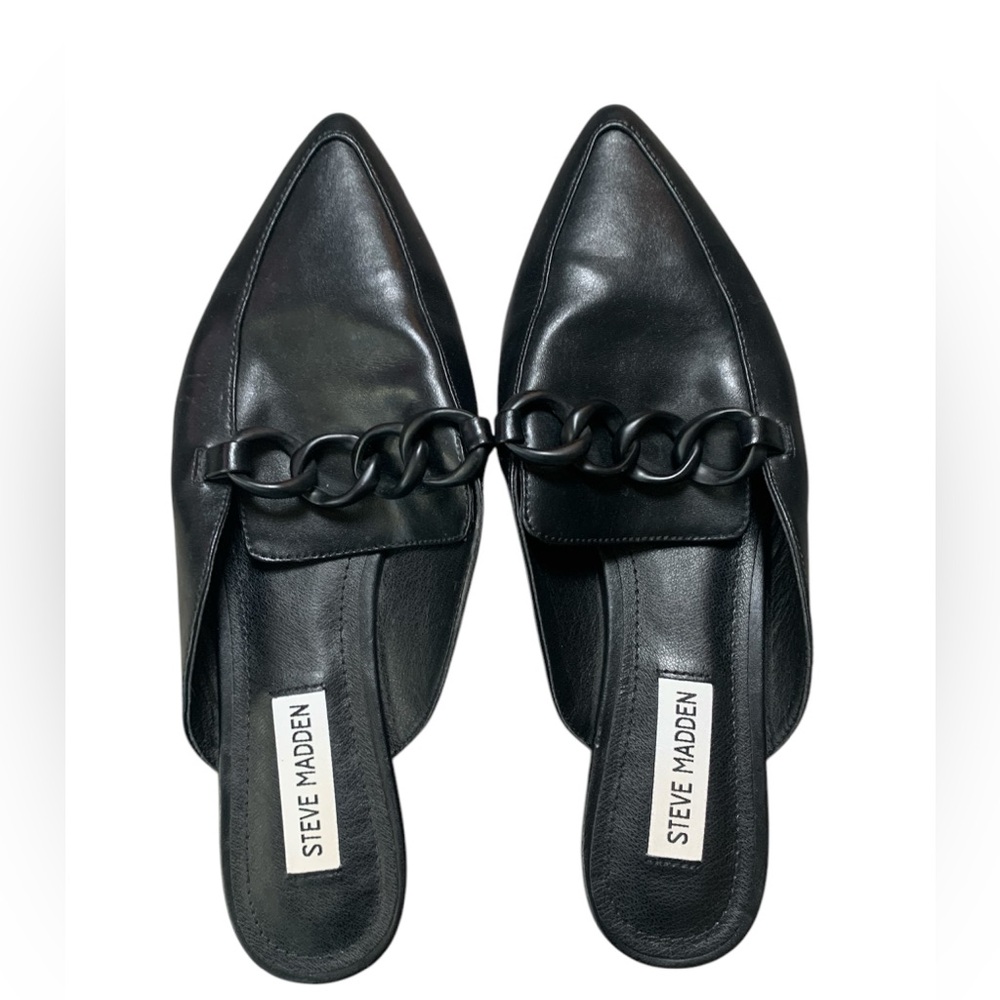 Steve‎ Madden Levity Black Leather Pointed Toe Chain Link Mules LEVT01S1 Mens 8M